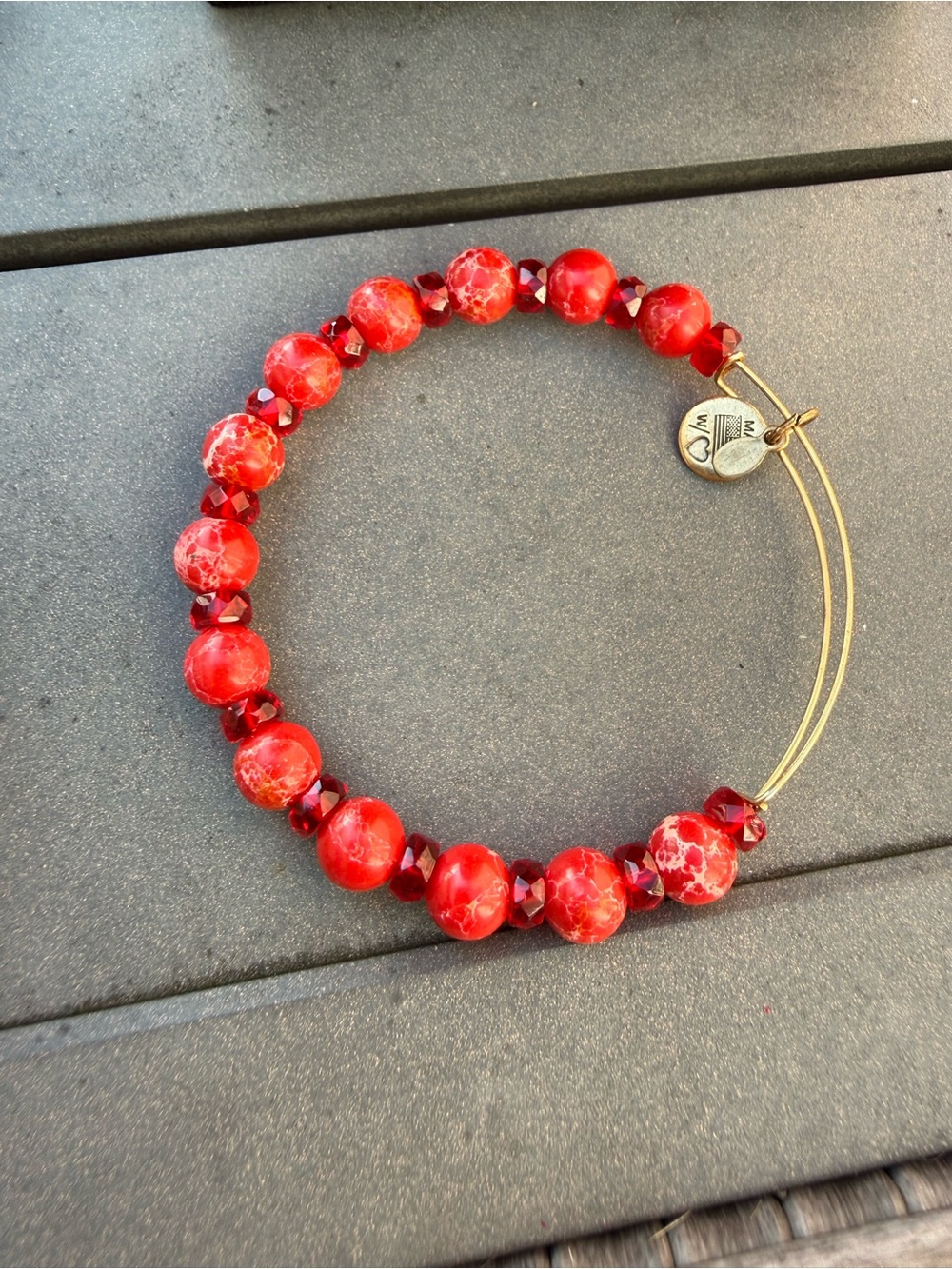 Alex and Ani Red Beaded Bracelet with Gold Tone Wire